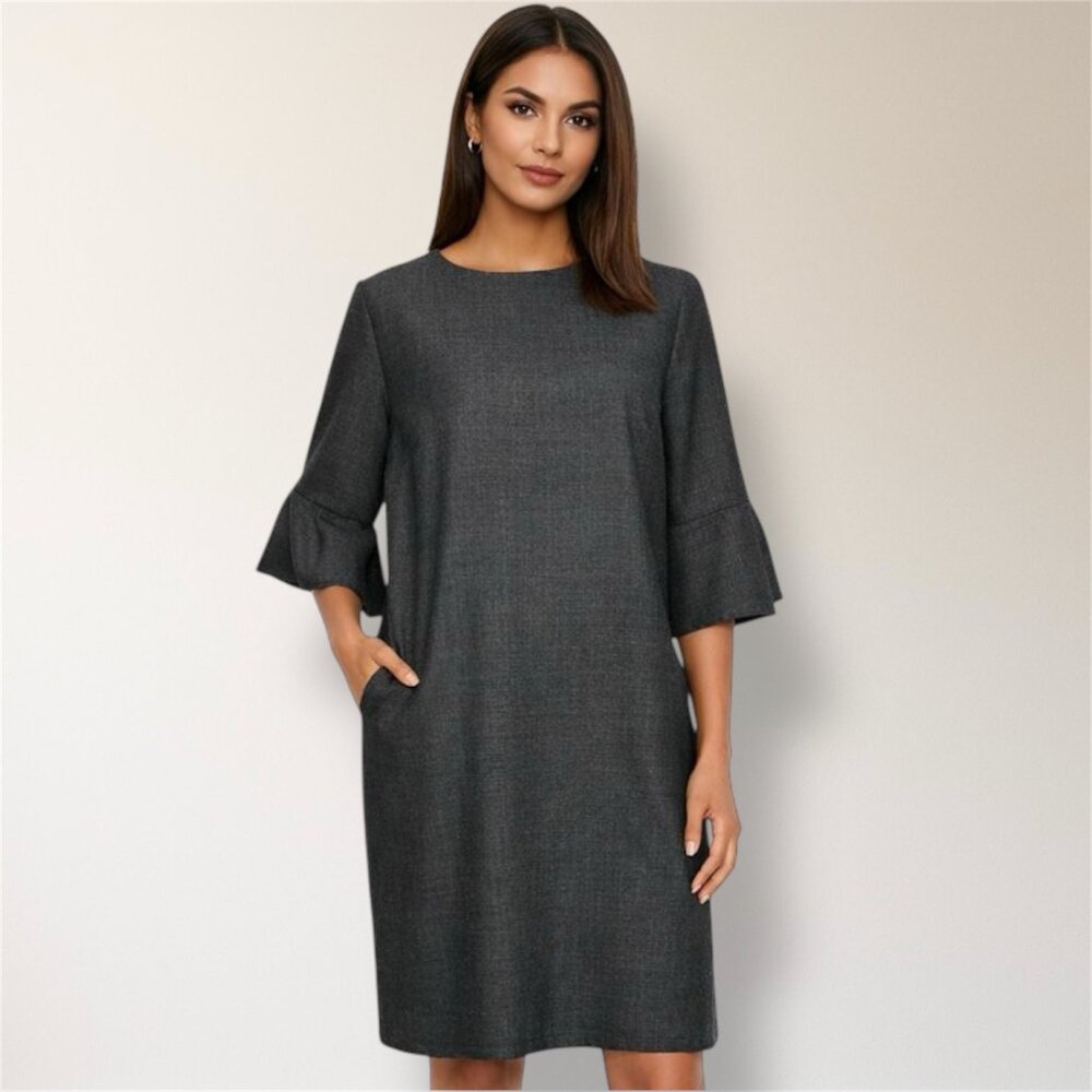 New Pendleton S Gray Virgin Wool Midi Dress Bell Sleeve Pockets Preppy‎ Office
